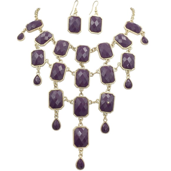 Dark Purple Statement Bib Necklace Earring Set - Picture 1 of 3